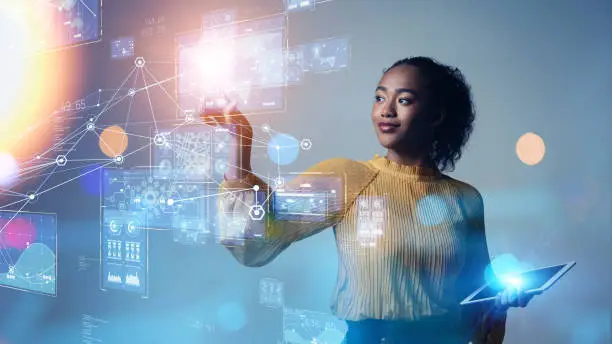 AI expert interacting with a digital data interface