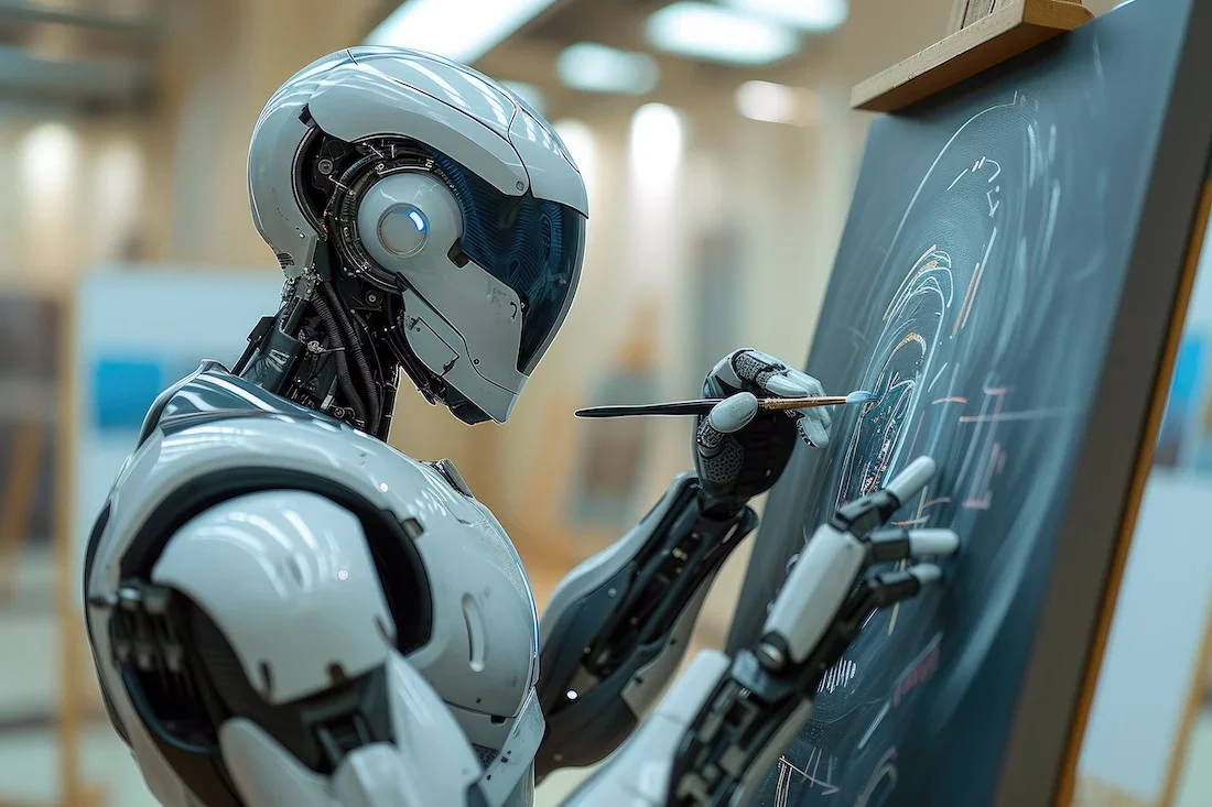 AI training concept showing a humanoid robot drawing technical diagrams